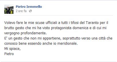 Iemmello ai tifosi del Taranto, mi vergogno e chiedo scusa